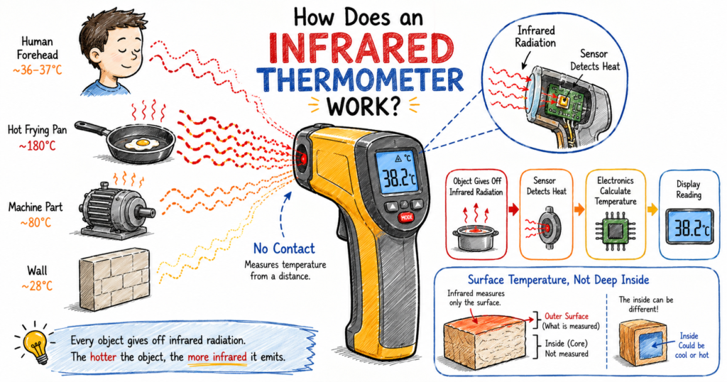 A scribble-style educational infographic titled “How Does an Infrared Thermometer Work?” shows a handheld infrared thermometer in the center pointing at a forehead, a hot frying pan, a machine part, and a wall. Red, orange, and yellow heat-wave lines illustrate infrared radiation traveling from the objects to the thermometer without contact. A close-up cutaway shows the sensor detecting heat, while a step-by-step diagram explains the process: object emits infrared radiation, sensor detects heat, electronics calculate temperature, and the display shows a reading of 38.2°C. A bottom panel explains that infrared thermometers measure surface temperature only, not the temperature deep inside an object.