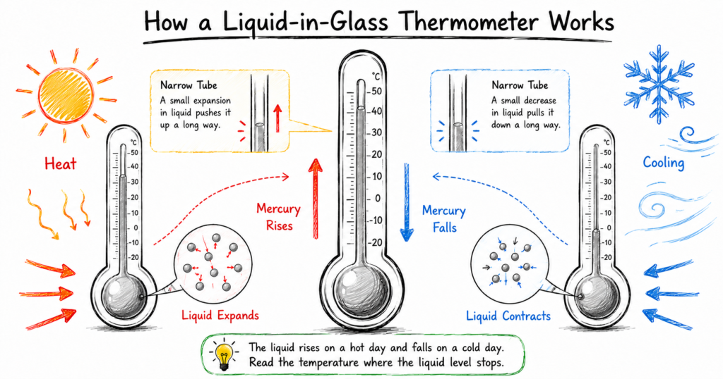 A hand-drawn scribble-style educational infographic titled “How a Liquid-in-Glass Thermometer Works” shows three thermometers on a white background. On the left, heat from the sun warms the thermometer, causing the liquid to expand and rise. On the right, cooling from snowflake and cold air symbols causes the liquid to contract and fall. In the center, a large thermometer with a temperature scale highlights how the narrow tube shows the liquid level. Small magnified circles illustrate particles spreading apart when heated and moving closer together when cooled. Red and blue arrows, labels, and simple doodles explain the process in a child-friendly way.