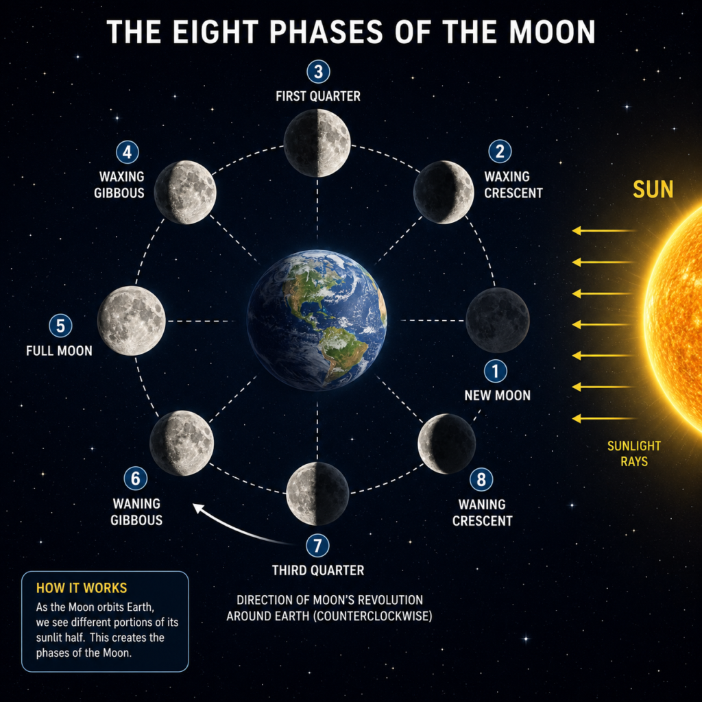 Educational diagram showing the eight phases of the Moon around Earth, with the Sun on the right sending sunlight toward the Moon. The labeled phases include New Moon, Waxing Crescent, First Quarter, Waxing Gibbous, Full Moon, Waning Gibbous, Third Quarter, and Waning Crescent, arranged in a circular orbit around Earth with arrows showing the Moon’s counterclockwise revolution.