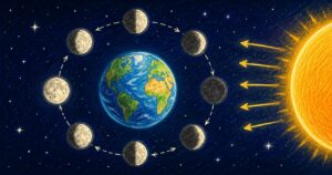 Scribble-style educational illustration showing Earth in the center of space with the Moon in several phases arranged in a circular orbit around it. A bright Sun appears on the right, sending yellow light rays toward Earth and the Moon, while arrows around the orbit show how the Moon revolves and changes appearance.