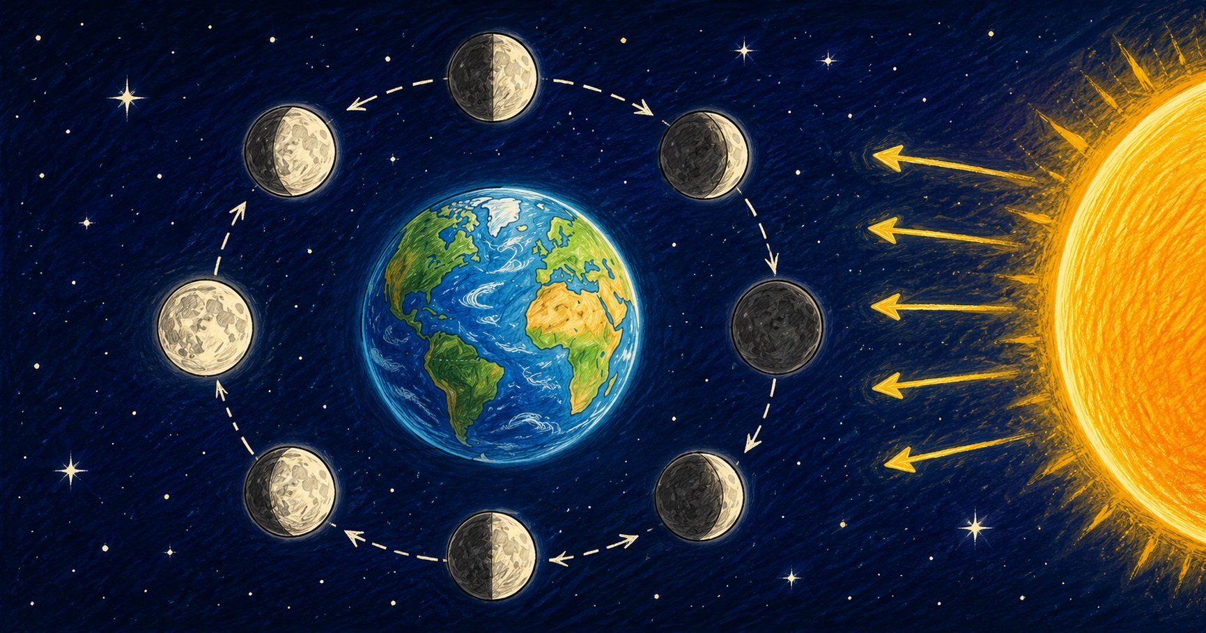 Scribble-style educational illustration showing Earth in the center of space with the Moon in several phases arranged in a circular orbit around it. A bright Sun appears on the right, sending yellow light rays toward Earth and the Moon, while arrows around the orbit show how the Moon revolves and changes appearance.