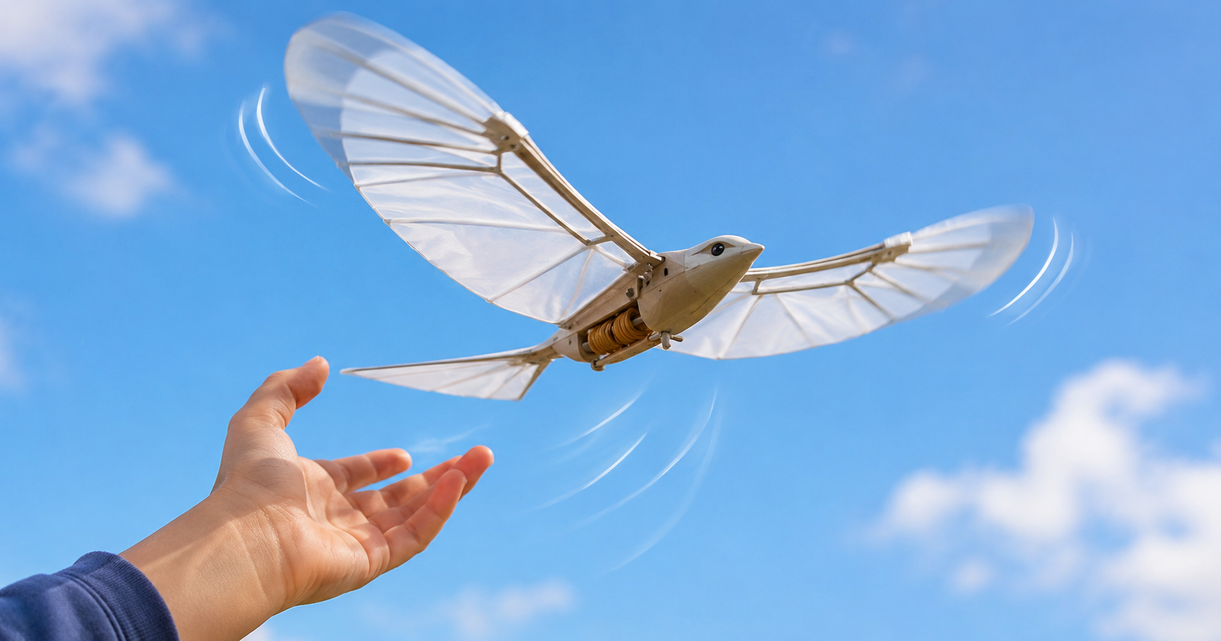A human hand releases a realistic ornithopter toy bird into the air against a bright blue sky with soft clouds. The lightweight toy has translucent flapping wings and a visible rubber-band-powered mechanism, with motion lines showing how it flies.
