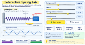 Scribble-style educational infographic of an interactive spring lab showing Hooke’s law, a mass attached to a spring, restoring force, equilibrium position, displacement, spring constant, mass, damping, oscillation graph, energy values, and the period formula.