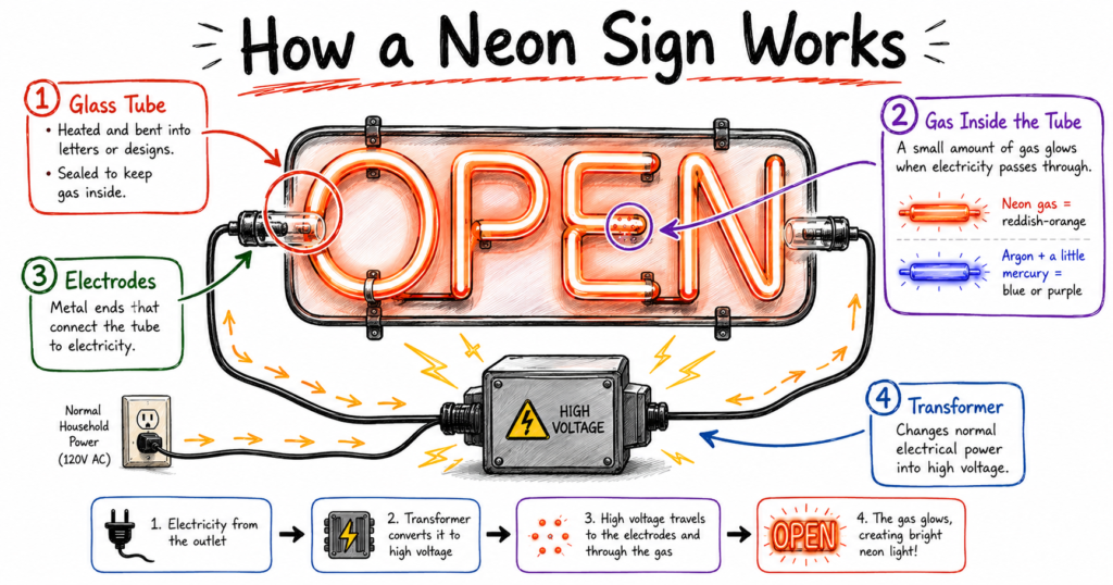 Scribble-style infographic showing how a neon sign works, with a glowing “OPEN” glass tube, gas inside the tube, electrodes at both ends, a high-voltage transformer, electrical wiring, and arrows illustrating how electricity makes the gas glow.