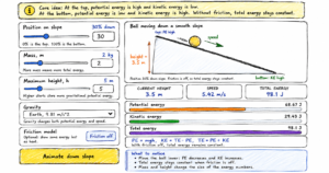 Scribble-style educational infographic showing a ball rolling down a slope and the conversion of gravitational potential energy into kinetic energy, with controls for mass, height, gravity, and friction, energy bars, speed and height values, and the relationship PE=mgh and TE=PE+KE.