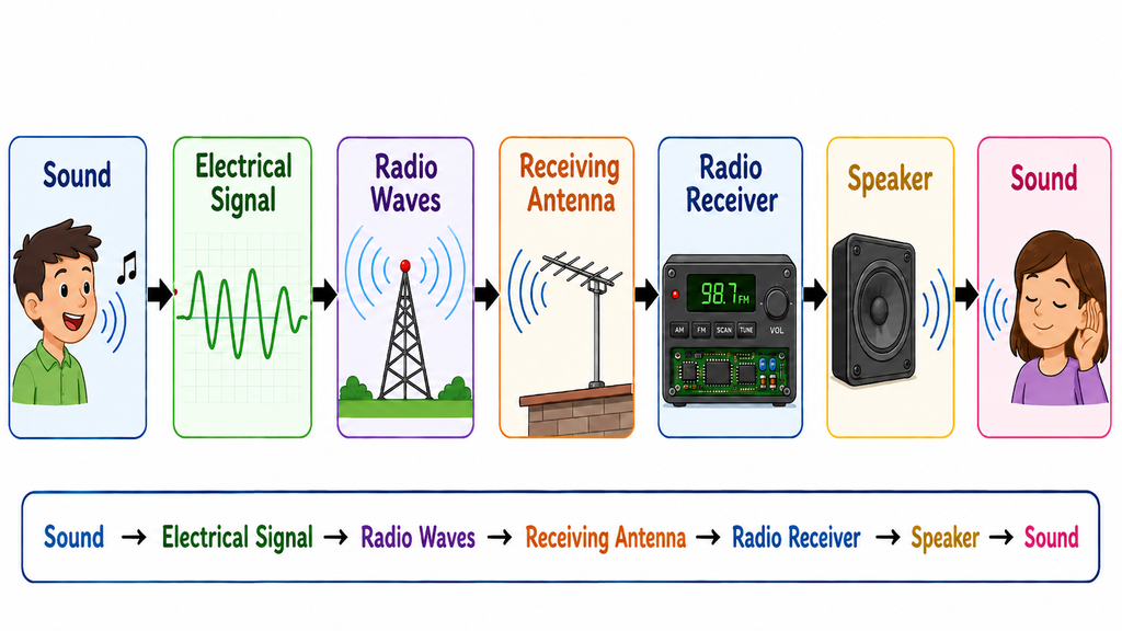 Colorful educational block diagram showing how a radio receives music and voices, with labeled steps in sequence: sound, electrical signal, radio waves, receiving antenna, radio receiver, speaker, and sound reaching a listener.