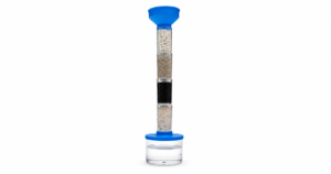 Water filtration DIY kit with a blue funnel, stacked transparent filter layers containing different filtration materials, and a clear water collection cup at the bottom on a clean white background.
