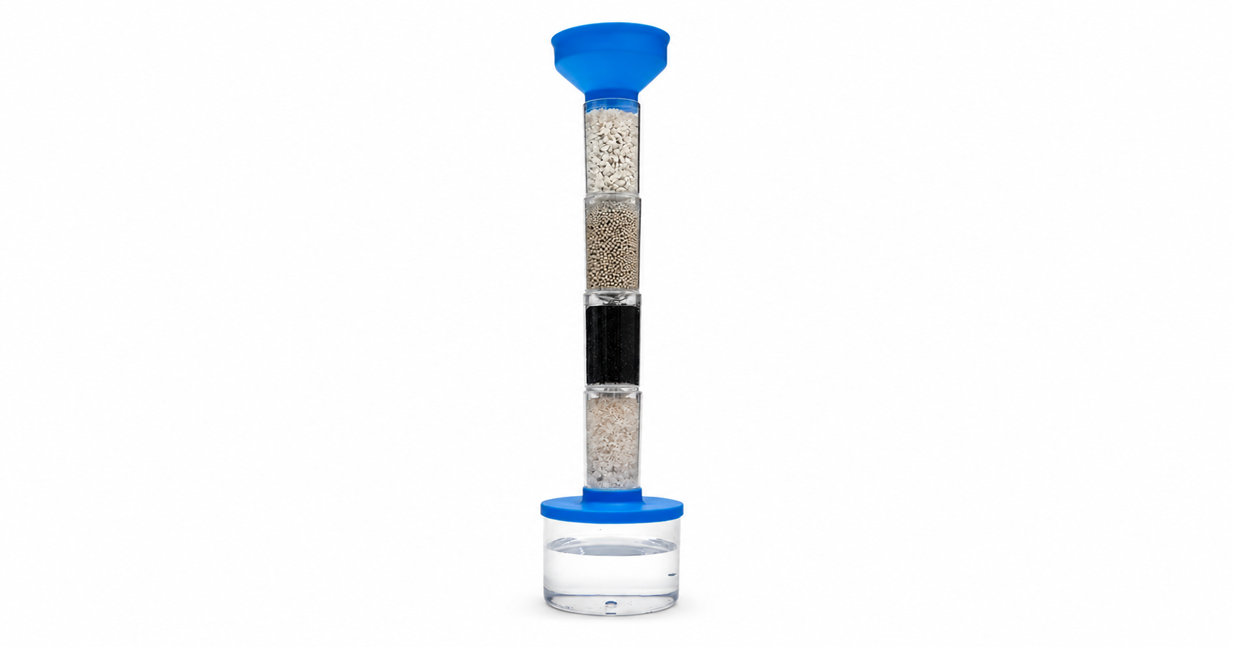 Water filtration DIY kit with a blue funnel, stacked transparent filter layers containing different filtration materials, and a clear water collection cup at the bottom on a clean white background.