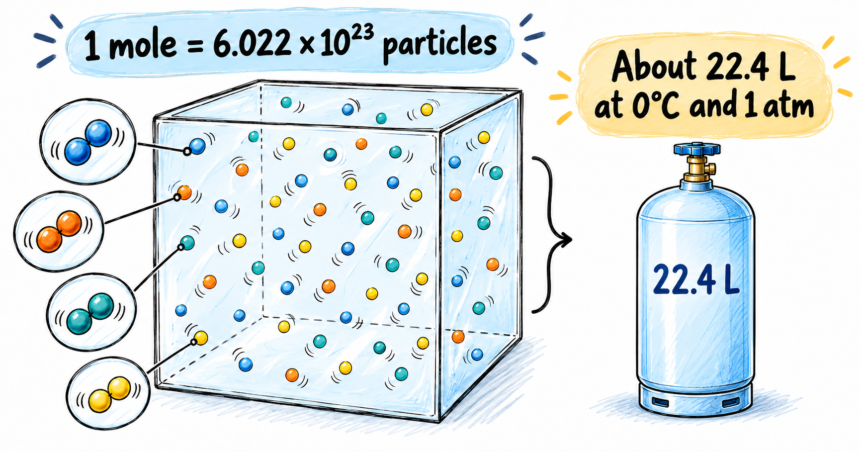 Hand-drawn diagram showing that one mole contains 6.022 × 10²³ particles and occupies about 22.4 litres as a gas at 0°C and 1 atm.