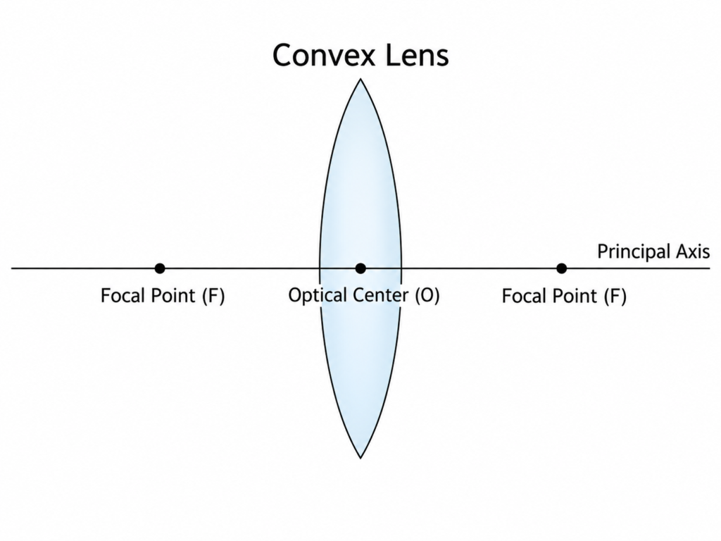 Simple convex lens diagram showing the principal axis, optical center (O), and focal points (F) on both sides of the lens.