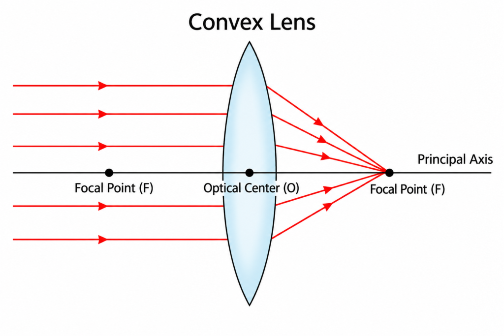 Convex lens diagram showing parallel red light rays passing through the lens and converging at the focal point on the principal axis.