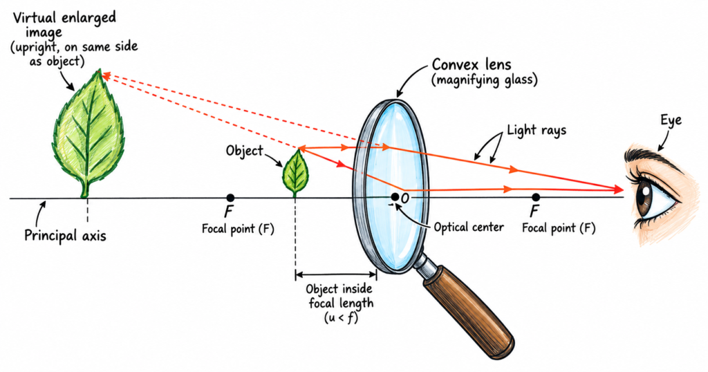 Scribble-style educational diagram showing how a magnifying glass works, with a convex lens enlarging a nearby object and labeled light rays bending through the lens to form a larger virtual image.