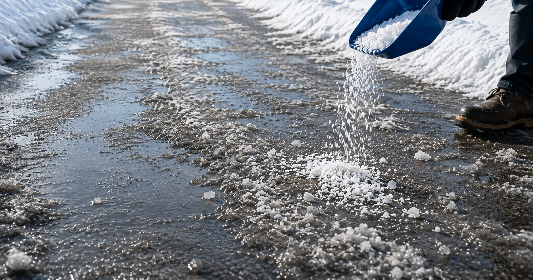Salt being sprinkled onto a wet, slushy winter walkway after melting ice, illustrating how road salt helps reduce icy surfaces.