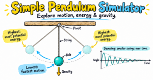 Scribble-style simple pendulum diagram showing swinging motion, gravity, maximum potential energy at the highest points, fastest motion at the lowest point, and a graph of diminishing oscillations due to damping.
